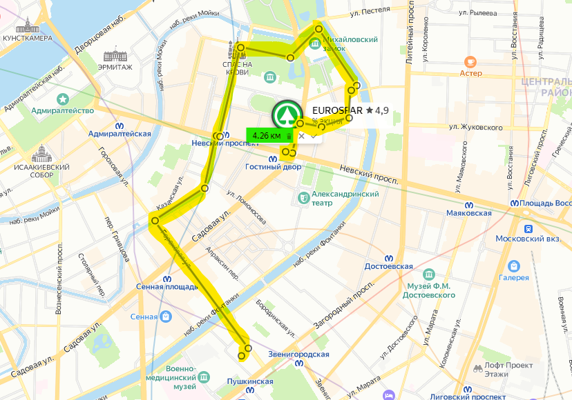 Маршрут от хостела "Аврора" до "Евроспар"