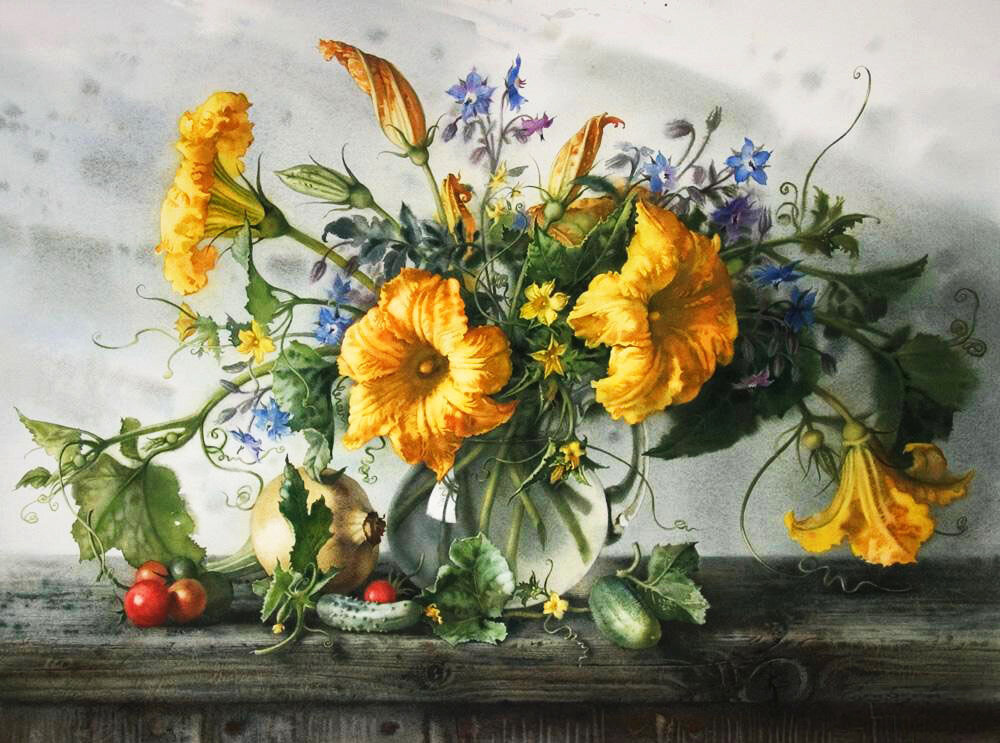 Елена Базанова. Натюрморт с тыквенными цветами