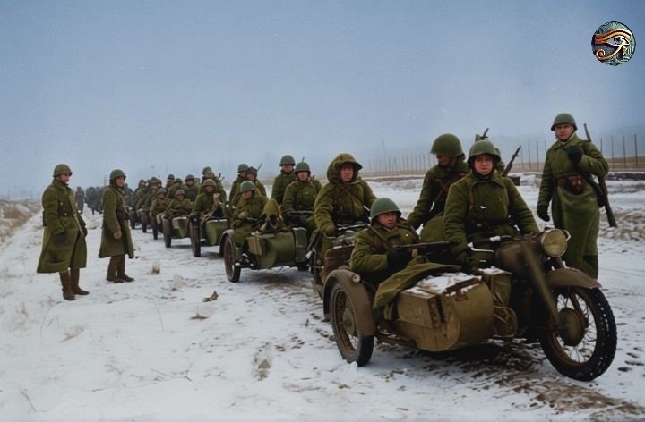 Мотоциклисты на марше. Раскрашено