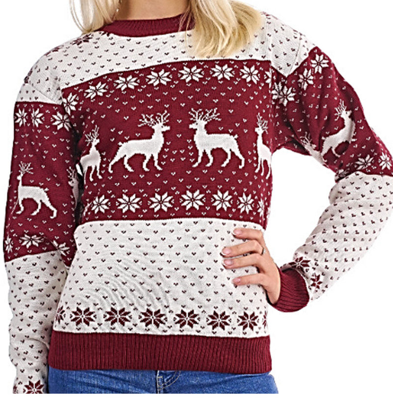 Свитер с крупными оленями в бордово белых тонах.