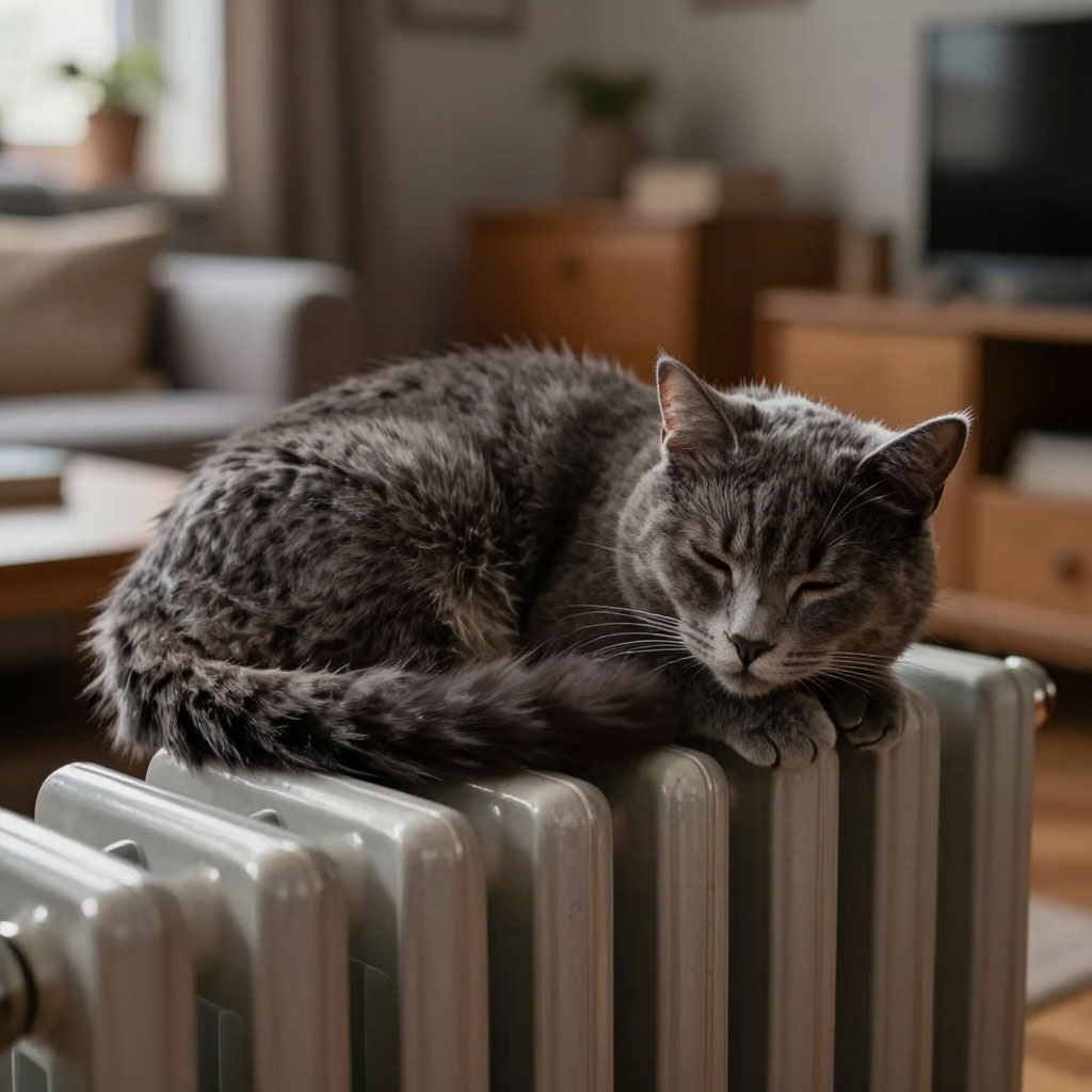 Котик греется на радиаторе. Создано ИИ