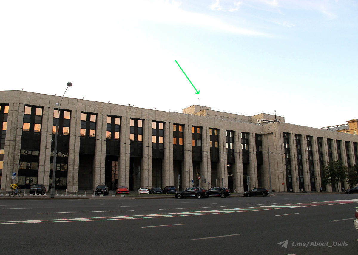 Зеленая стрелка указывает на флюгер с совой. Без бинокля или оптического увеличения на фотоаппарате разглядеть сложно. Фото – август 2022