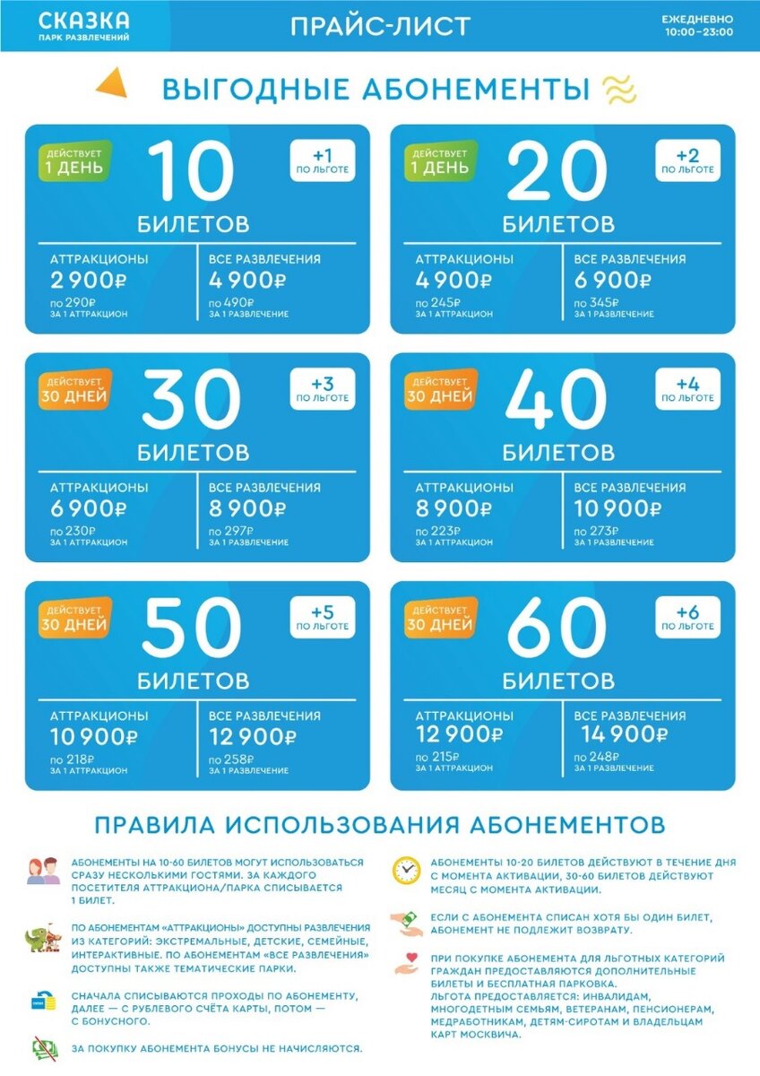 Прайс-лист парка "Сказка"