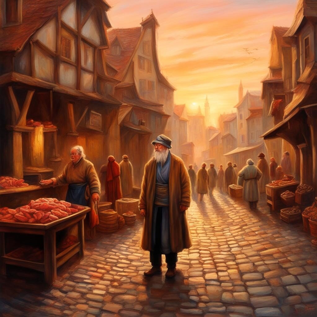 Торговые ряды. Мясо. Холст. Масло. Картинка создана нейросетью.