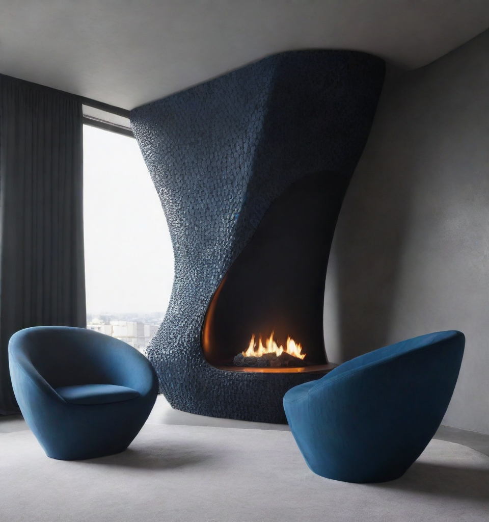 референс проекта комнаты с камином в современном стиле