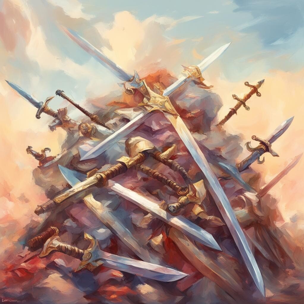 Гора шпаг и другого холодного оружия. Сталь. Холст. Масло. Картинка создана нейросетью. 