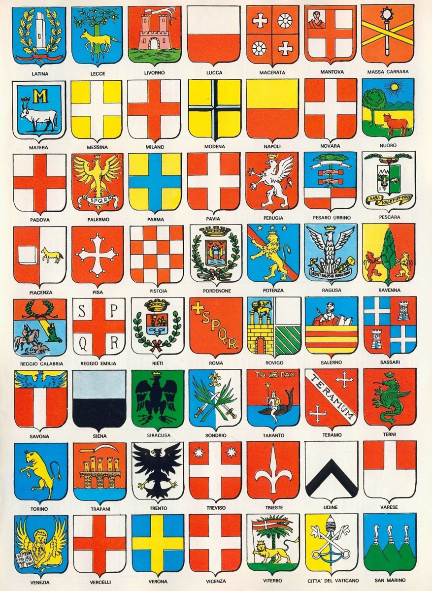 Для примера гербы старинных итальянских городов, заполненные гербовыми символами. Лев, Орел, Крест, Телец, Дерево, Крепость, Корона, Ключи, Ветви (Венки), Лилия, Вода, Меч, Скипетр и другие. Как читать любой значимый герб читайте в статье.