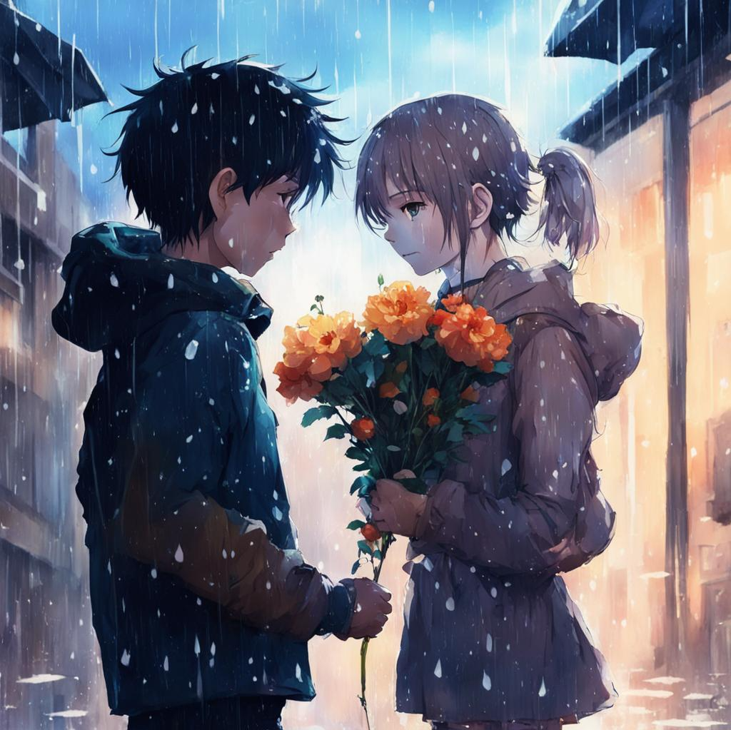 Мальчик дарит цветы девочке в городе под дождем аниме