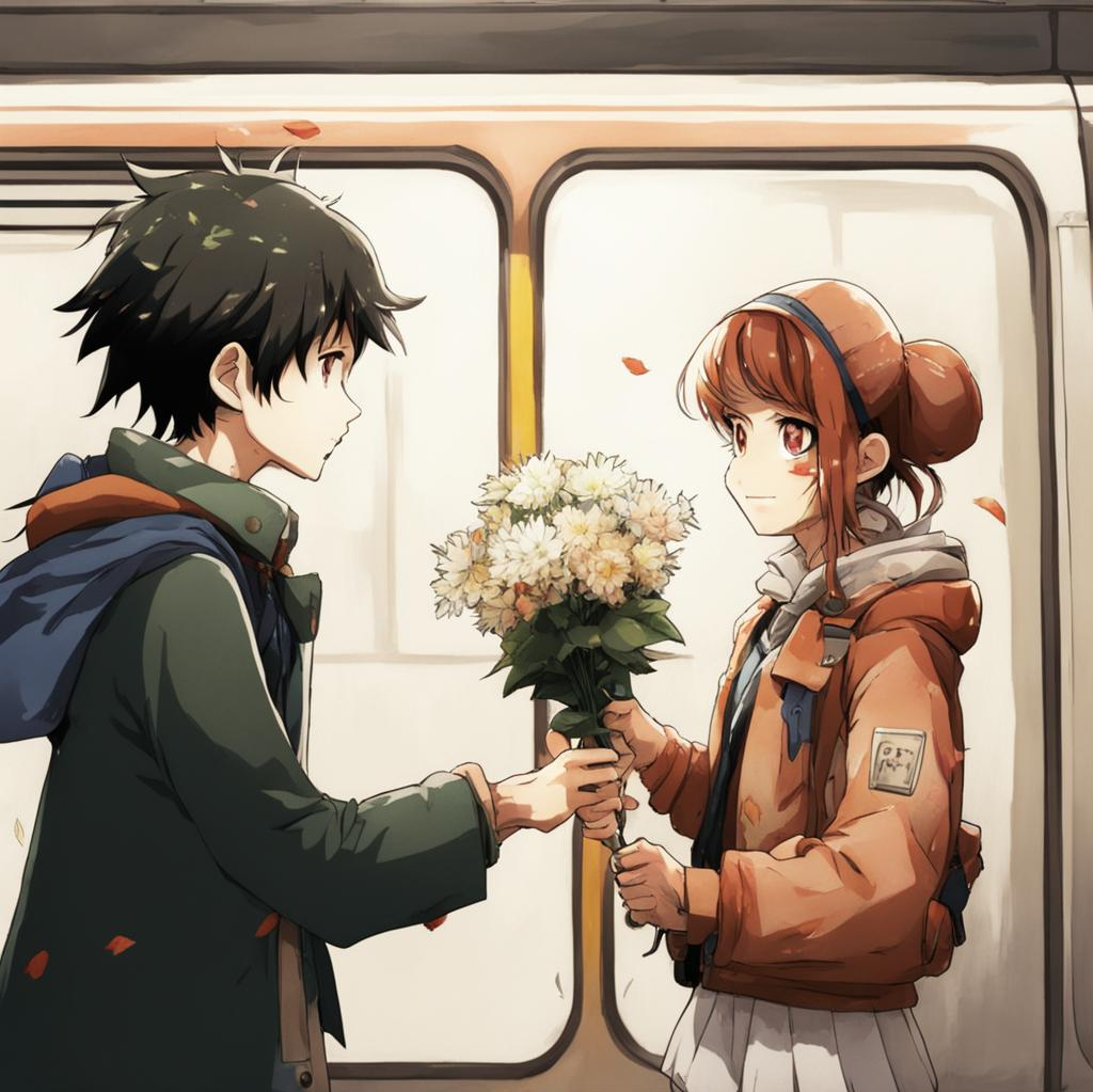 Мальчик дарит цветы девочке в метро