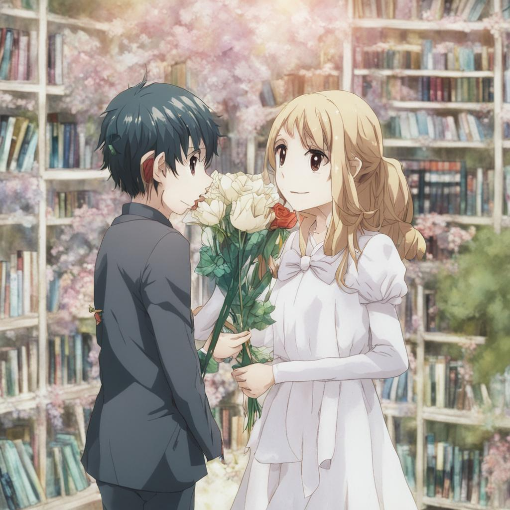 Мальчик дарит цветы девочке в библиотеке аниме