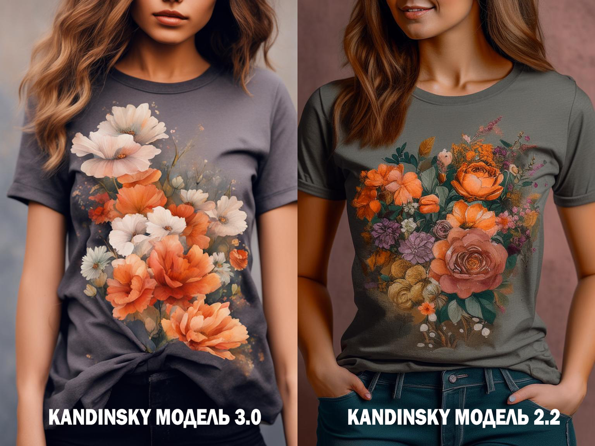 Промт: a woman wears a dark gray t shirt with flowers on it, in the style of vintage-inspired designs, watercolor landscapes, warm tones, detailed flora and fauna, vibrant and textured, cute and colorful