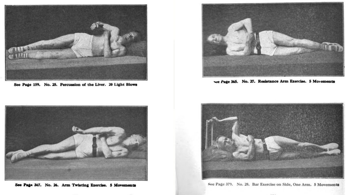 Мои скрины из книги Беннетта «Старость — её причины и профилактика» («Old age, its cause and prevention»).  Примеры упражнений из его методики.