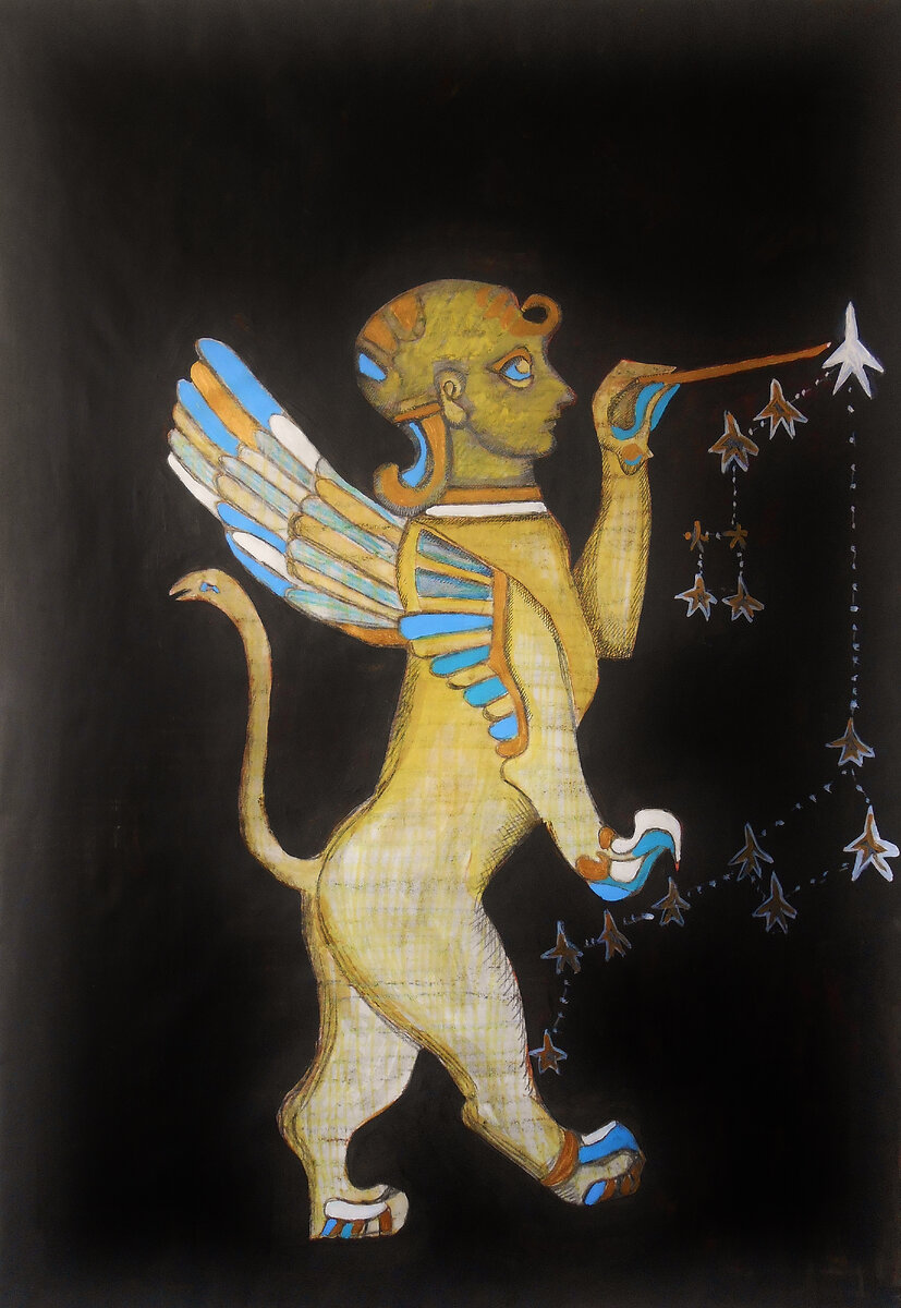 Скифская "фигурка для развлечения" , скифский сфинкс звездочёт и северная полярная звезда, реконструкционный рисунок Владислава Ивановича Несынова