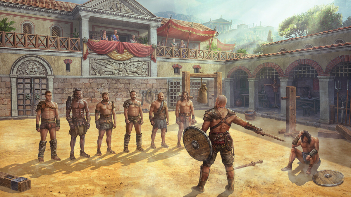 В школе гладиаторов. Художник: Олег Ёлчиев