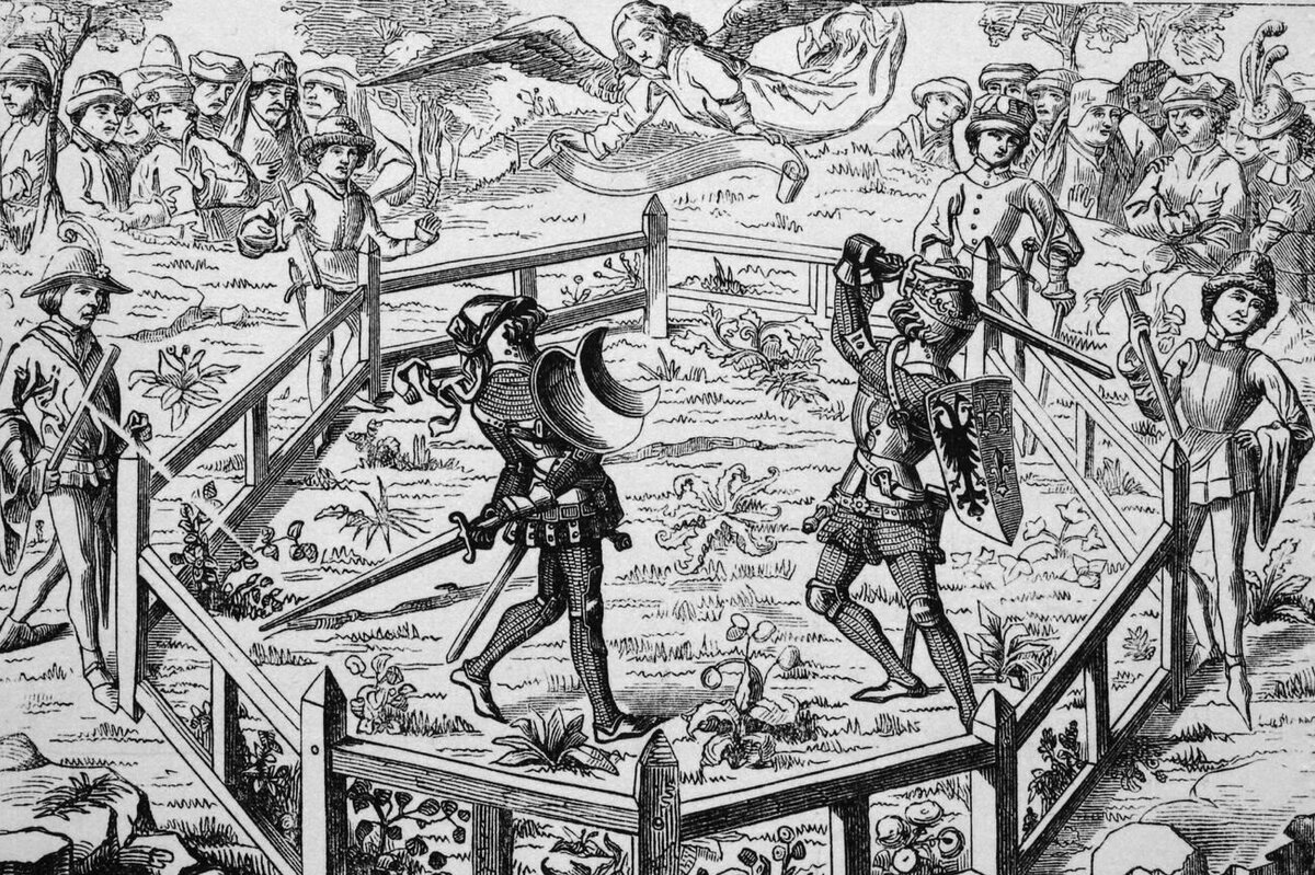 «Поединок средневековых рыцарей», гравюра на дереве, 1870 год.