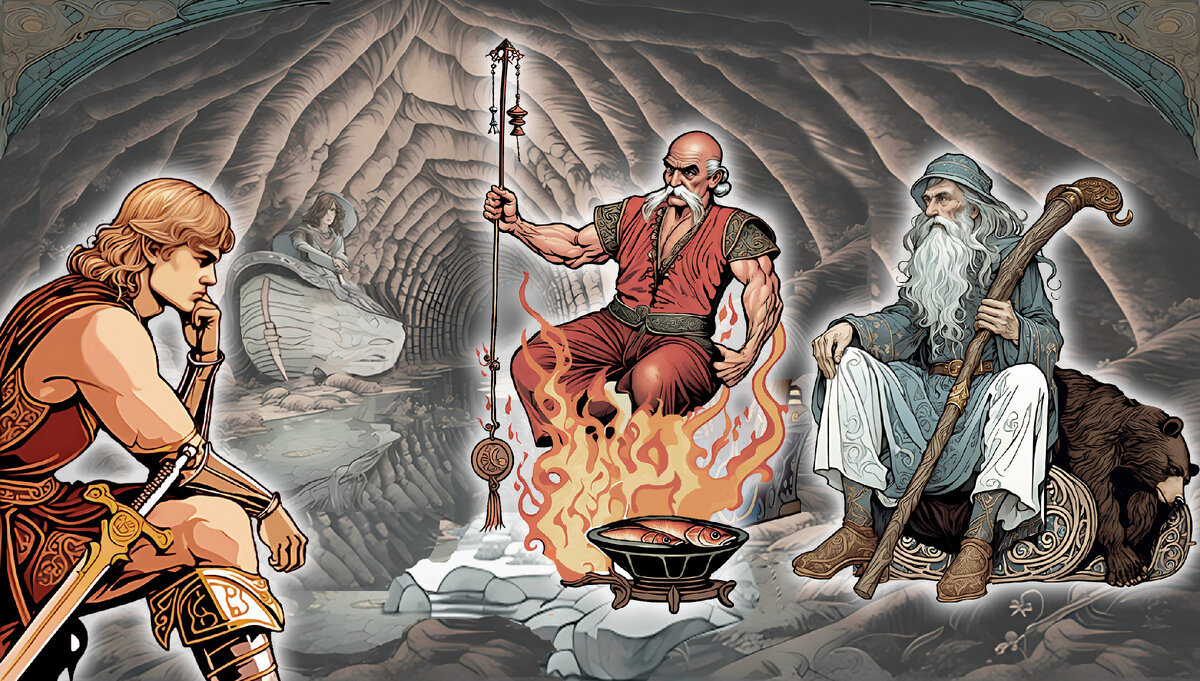 Бус, Картавир и Эсегель в брюхе гигантской Щуки-Дракона. Рис. А. Асова.