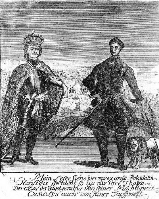 Петр I и Карл XII. Немецкая гравюра 1728 года