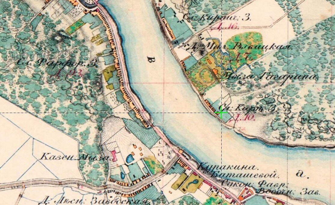 План имения князя Гагарина в 1824 году. Планировка сада Чернова при реставрации была сделана близко к данной карте. Система прудов в имении князя Гагарина была примерно в 2 раза больше по площади нынешней