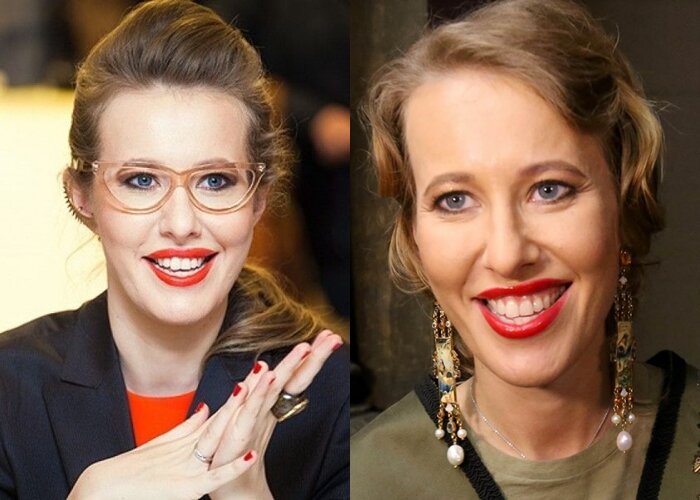 Ксения Собчак с красной помадой в очках и без очков