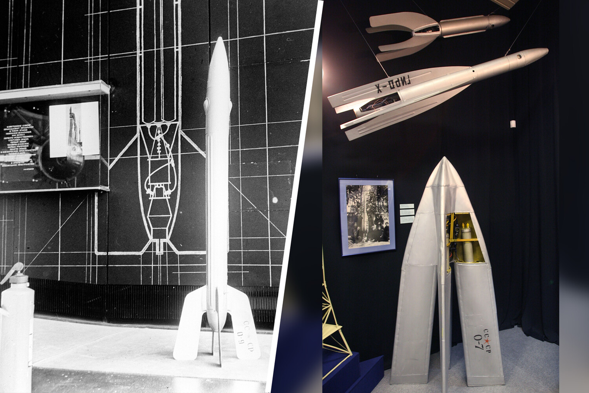 Слева: макет ракеты ГИРД-09 в Государственном музее истории космонавтики имени К.Э. Циолковского в Калуге. Справа: ракета Р-06, ракета «ГИРД-10», ракета Р-07 (сверху вниз) в «Мемориальном музее космонавтики» на ВДНХ / Фото: РИА Новости/ТАСС