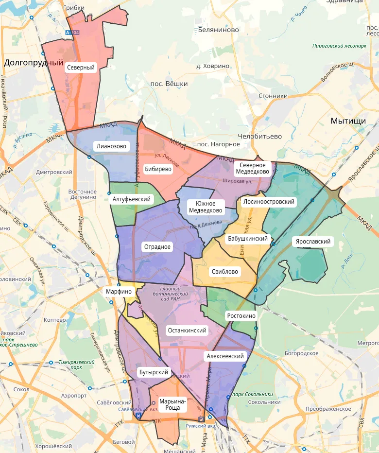 Северо-Восточный округ с выделением районов на карте. Взято отсюда: pk-promeco.ru.