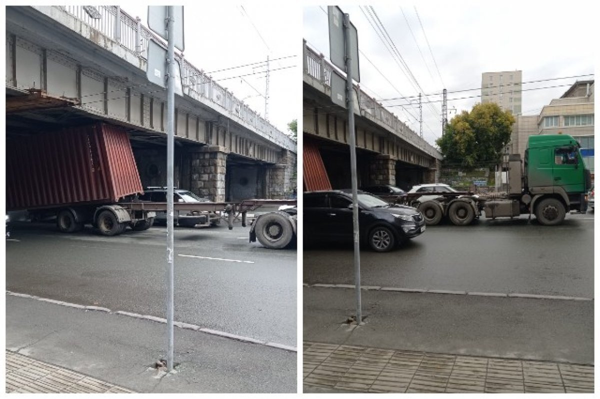    В Новосибирске большегруз с контейнером застрял под мостом на «Гагаринской»