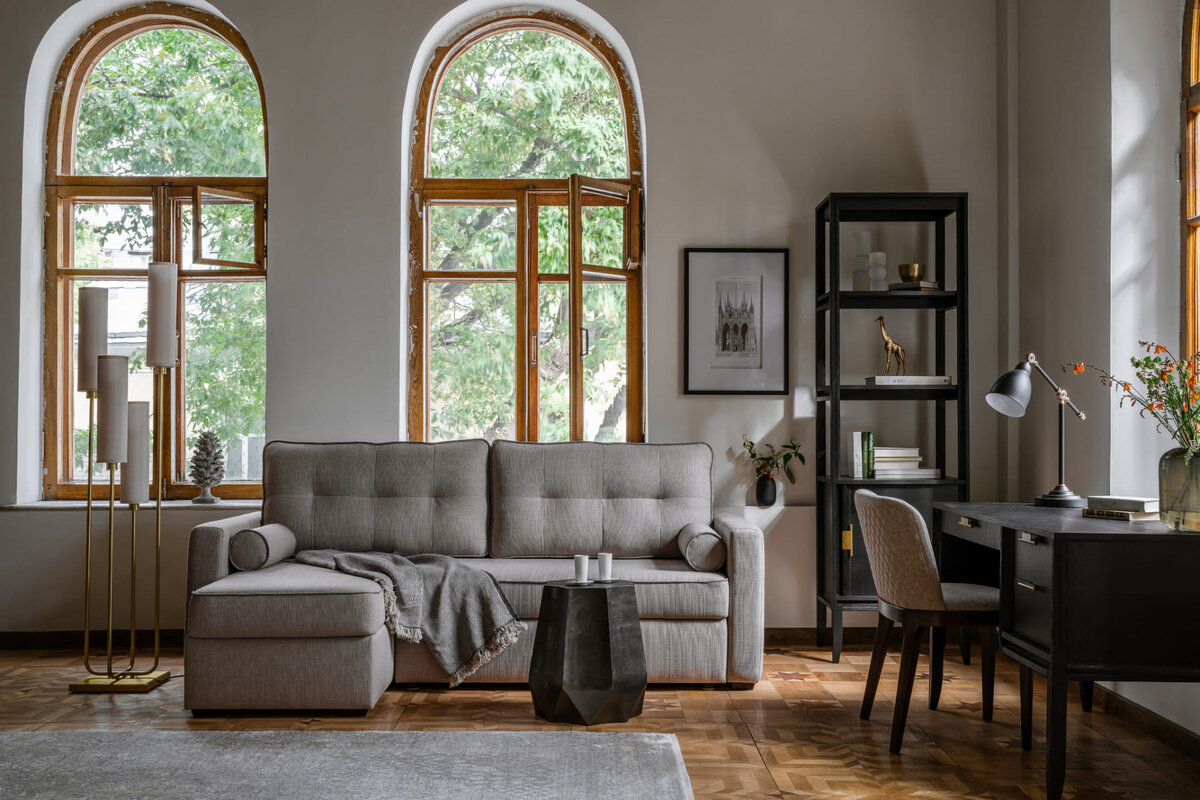 Раскладной диван Пауль в угловой версии в сочетании с корпусной мебелью City