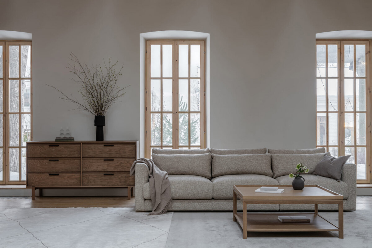 Модульный диван Нарвик и комод JP Line 6.0 c 6-ю ящиками в светлой отделке 