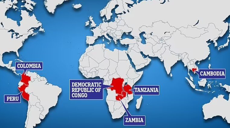  На карте: 18 объектов в Танзании, Камбодже, Колумбии, Перу и Демократической Республике Конго.