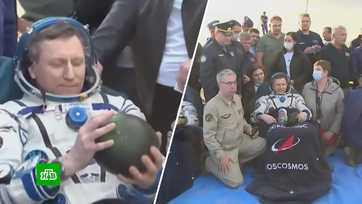    Вернувшимся с МКС космонавтам вручили арбуз, грибы и соленые огурцы