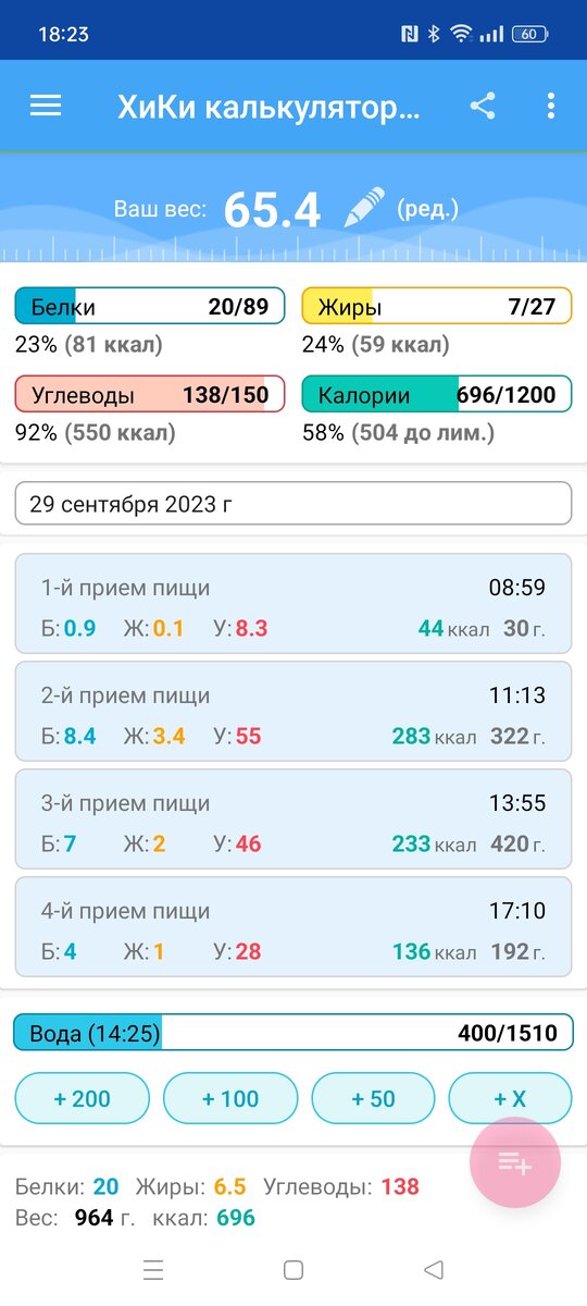 Итоги дня КБЖУ