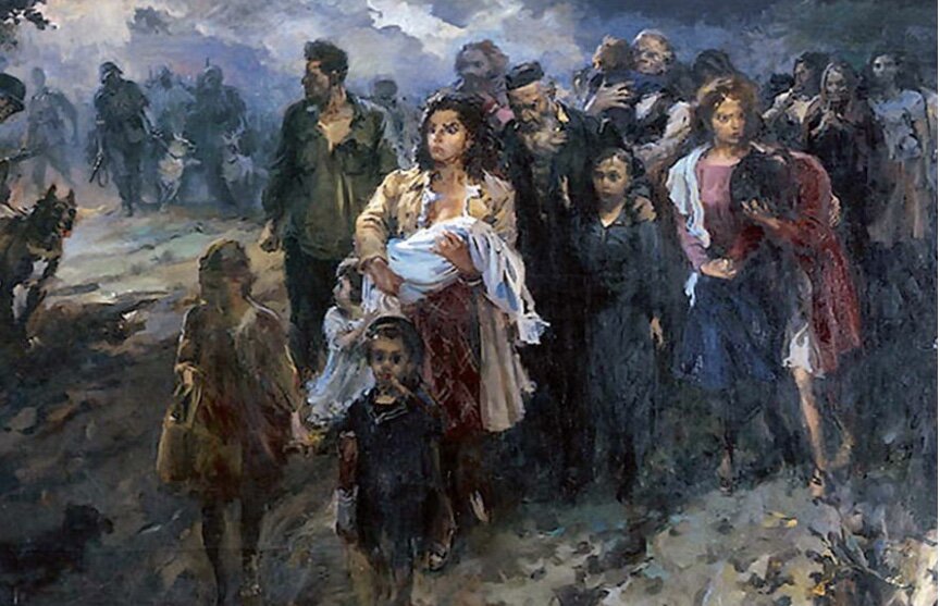 Бабий Яр. «Последний путь». Рижский художник Йосиф Кузьковский. В 1970 году картина была приобретена  кнессетом; установлена в одном из залов израильского парламента 