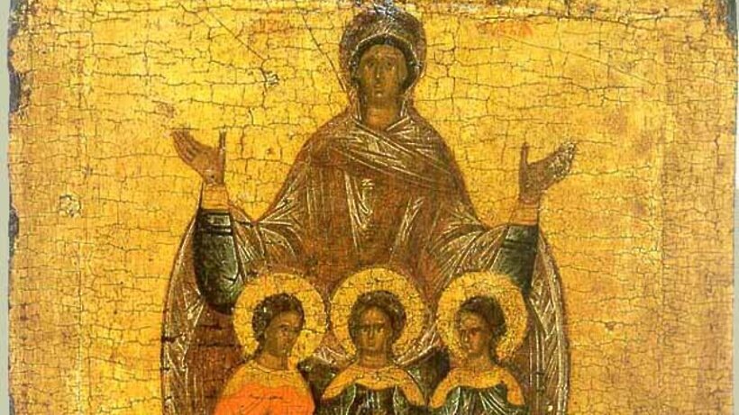    Новгородская икона (XVI век, ГТГ) Вера, Надежда, Любовь и их мать София © Wikipedia.org