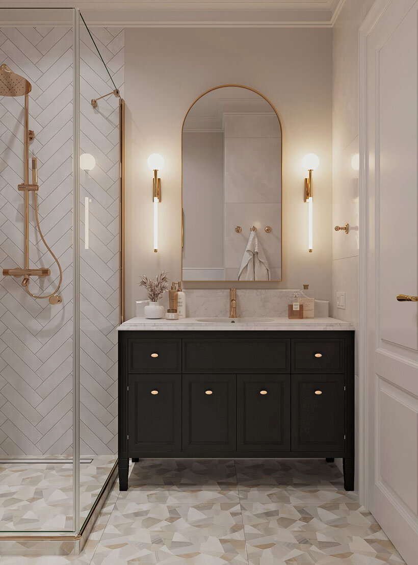 керамогранит Vallelunga Nolita 6001024 Milano Satin 60x60 на полу ванной в интерьере ар-деко