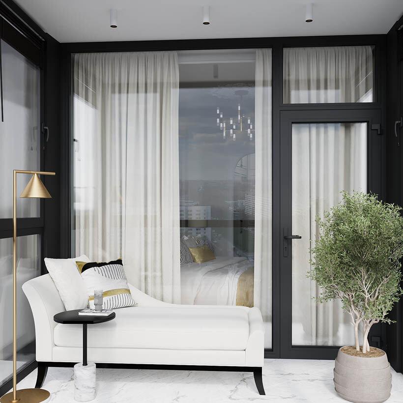 Интерьер светлого балкона в апартаментах