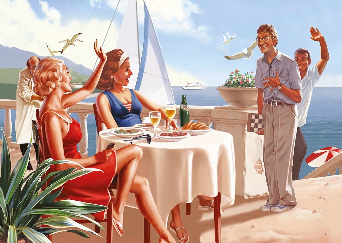 Работа художника в стиле ПИН-АП Валерия Барыкина под названием " Курортное знакомство "