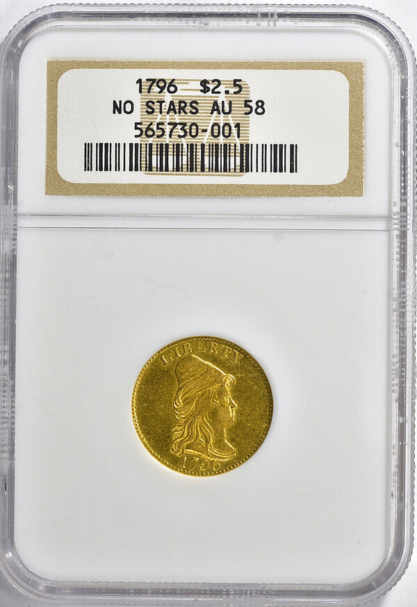 1796 г., бюст в колпаке, правая золотая четверть орла, без звезд NGC AU-58 1796 g., byust v kolpa