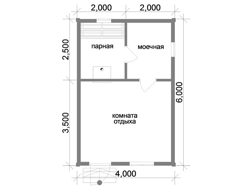 План бани с комнатой отдыха 4 на 6