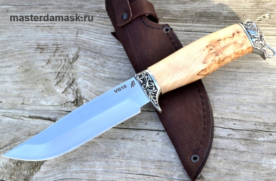 Нож Охотник сталь VG10, рукоять карельская берёза, литьё мельхиор https://masterdamask.ru/shop/nozh-yeger-stal-bulat-rukoyat-stabilizirovannyy-grab-lityo-melkhior-2-2-1/