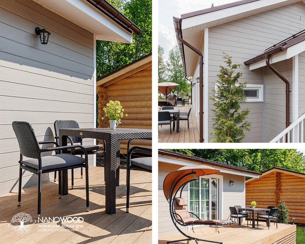 Фото фасада. Дом обшит террасной доской из ДПК