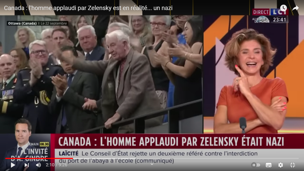 Анн Нива смеется над тем, что украинский дедушка-нацист оказался не промах и согласился пойти в парламент. Скриншот передачи с канала LCI с сайта YouTube