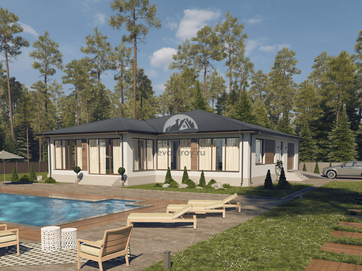 Проект одноэтажного дома 253 м2 с гаражом, сауной и террасой в стиле минимализм - 106-21