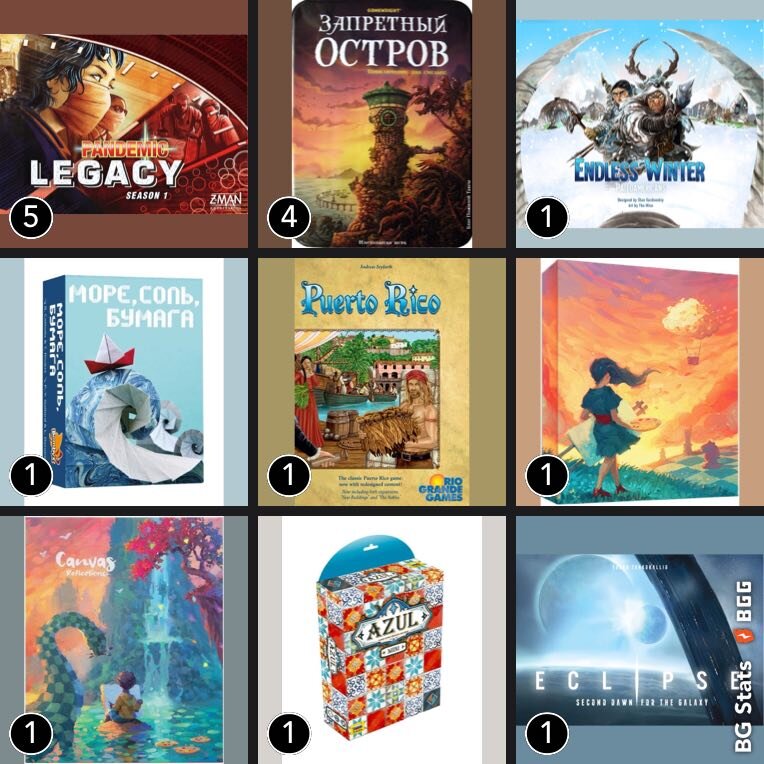 "Экран BG Stats с изображениями обложек игр и количеством партий."