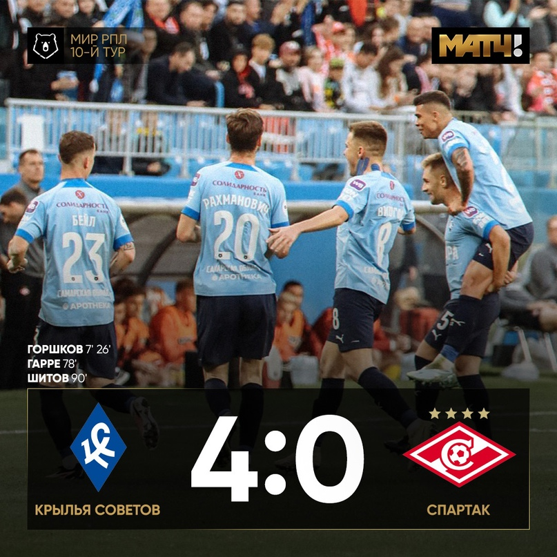 "Крылья Советов" разгромили "Спартак" со счетом 4:0 в 10-м туре РОПЛ. Фото из интернета.