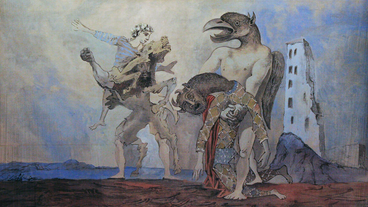 Иллюстрация картина художника Пабло Пикассо «Занавес Мертвый Минотавр в костюме Арлекина», 1936