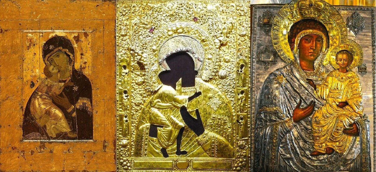 ТРИ СПИСКА ОДИГИТРИИ.
1. ВЛАДИМИРСКАЯ ИКОНА БОЖИЕЙ МАТЕРИ. Подлинник. Младенец припал щекой к щеке Матери. Икона передаёт полное нежности общение Матери и Ребёнка. Отличительная особенность Владимирской иконы от прочих икон типа Умиление: левая ножка Младенца Христа согнута таким образом, что видна подошва ступни, «пяточка». По оценкам искусствоведов, икона написана в XII в., предположительно, в Константинополе. И это редкий случай, когда с кривдоведами можно в принципе согласиться. Апостол Лука действительно написал икону в конце XII – начале XIII вв. Быть может, это даже произошло и на Руси, в Новгороде-на-Оке (который будет назван Константинополем лишь полтора столетия спустя). Фактически от константинопольского образа сохранились только фрагменты. К древнейшей живописи XII в. относятся лики Матери и Младенца, часть синего чепца и каймы мафория с золотым ассистом, а также часть охряного, с золотым ассистом хитона Младенца с рукавом до локтя и виднеющимся из-под него прозрачным краем рубашки, кисть левой и часть правой руки Младенца, а также остатки золотого фона. В настоящее время Владимирская икона выставлена для обозрения в храме-музее Святителя Николая в Толмачах при Третьяковской галерее. Фото 2015 г.
2. ФЁДОРОВСКАЯ ИКОНА БОЖИЕЙ МАТЕРИ. Фото 2015 г. Золотой оклад «той самой» Фёдоровской иконы, которой якобы благословила на царство инокиня Марфа своего сына Михаила. Хранится в Ипатьевском монастыре Костромы. Отличием Феодоровской иконы от Владимирской является обнажённая до колена левая ножка Младенца Христа.
3. СМОЛЕНСКАЯ ИКОНА БОЖИЕЙ МАТЕРИ. Фото 2016 г. Интересна судьба этой восхитительной иконы в серебряном окладе, хранящейся в Музее истории православной веры в городке Чердынь на севере Пермского края. Сам музей был открыт в 2000 г. в здании бывшей и пустующей Успенской церкви. А предшественником Музея Веры был… Антирелигиозный музей, открытый ещё в 1929 г. Директором того музея стал И.А. Лунегов, председатель чердынского отделения союза воинствующих безбожников (!). Образно выражаясь, одной рукой он обильно разрушал храмы, а другой рукой собирал церковное имущество. Как правило, вся изъятая церковная утварь отправлялась на переплавку в Москву. И вот Лунегов пишет руководству письмо, сообщая, что всё, что можно было, уже из храмов забрали. Остались в Чердыни единственные иконы с окладами в 6 и 7 кг серебра - Смоленская икона Божией Матери и икона Воскресения Христова. Он убедительно просит оставить эти иконы в Чердыни, чтобы при создании антирелигиозного музея они были ярким примером тесной связи между буржуями и церковщиками. Московское руководство дало добро, и Смоленская икона с 6 кг серебра осталась на родине.