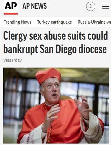 Церкви Сан-Диего грозит банкротство из-за педофильских исков на сумму 550 миллионов долларов!Всему виной принятые изменения в процессуальном законодательстве, которыми отменён срок давности для преступлений, связанных с сексуальным насилием со стороны священиков в отношении детей. Если ранее совершеннолетние жертвы не могли предъявлять иски за изнасилования их в детском возрасте, то теперь это ограничение снято.Епархия Сан-Диего не богата, поэтому иски грозят организации банкротством. Нет слов...🤡 КУКЛОВОДЫ