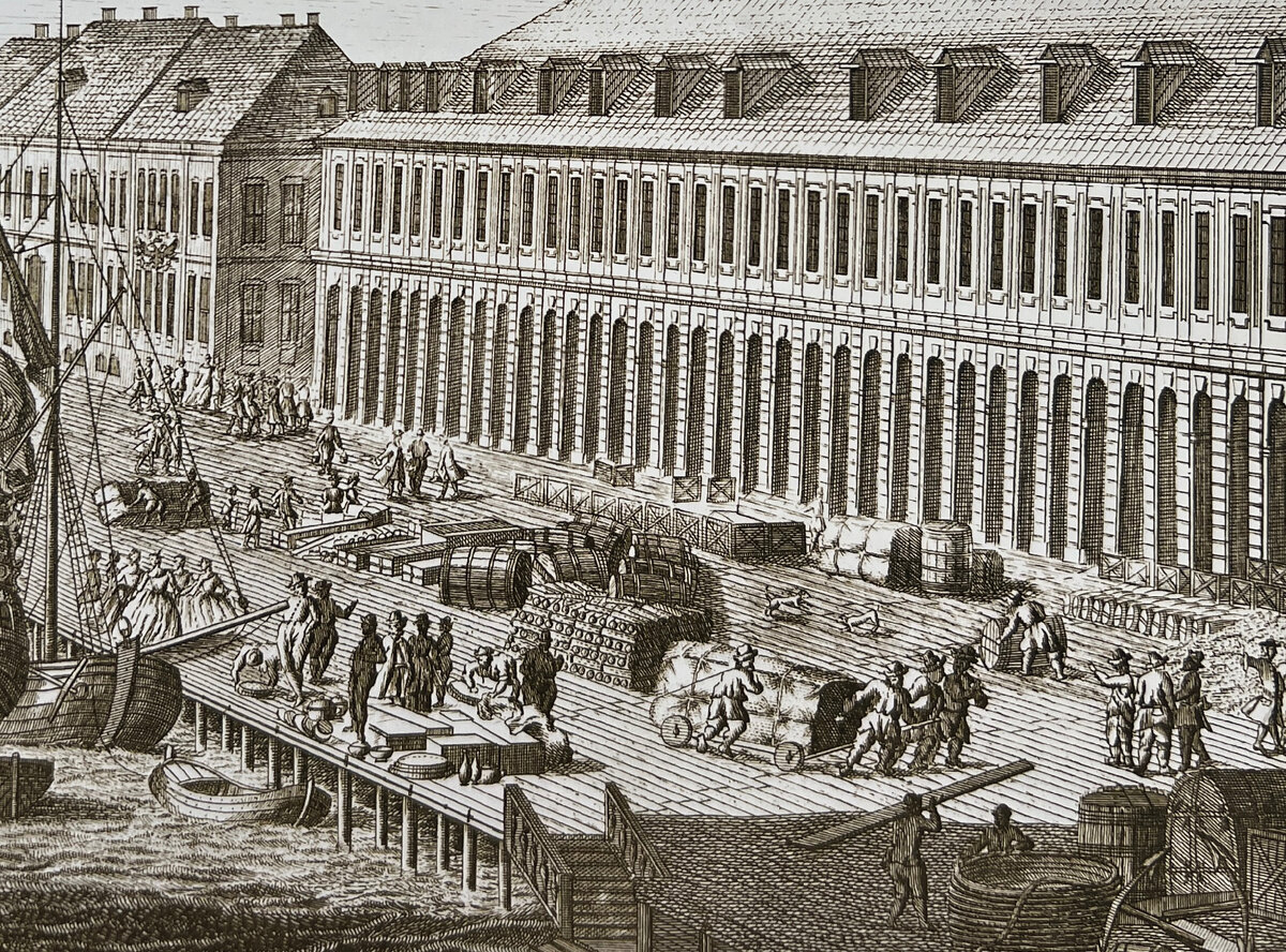 Проспект Биржи Гостиного двора вверх по Малой Неве. Гравюра с рисунка М. М. Махаева (фрагмент), 1753