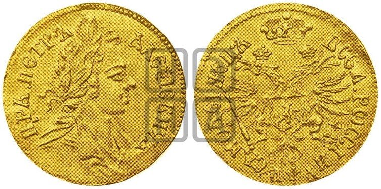 Червонец 1701 года венок с лентами.  
