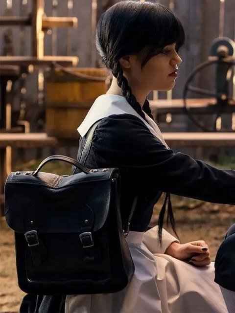 Уэнсдей Аддамс и ее ранец-рюкзак на скриншоте из сериала. 
При выборе модели для шитья ориентировался на это фото. 
Фото ранца, разумеется, а не Дженни Ортеги...